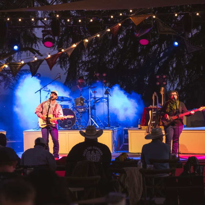 A country band playing on stage under blue lights and string lights