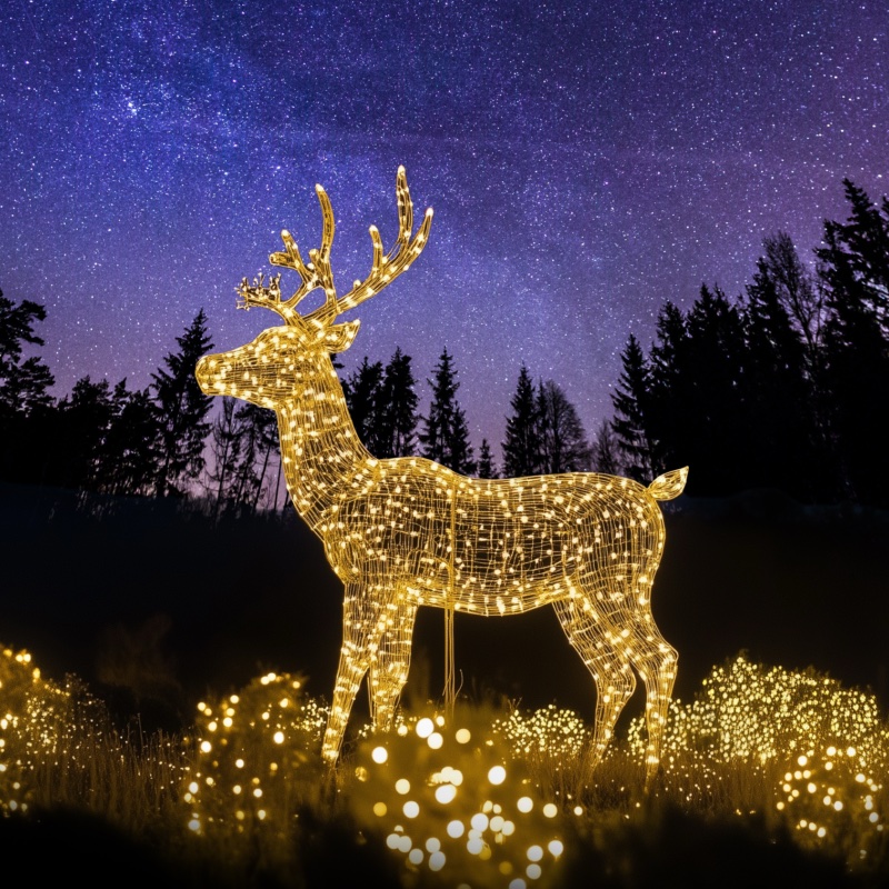 A glowing light-up reindeer under a starry purple sky