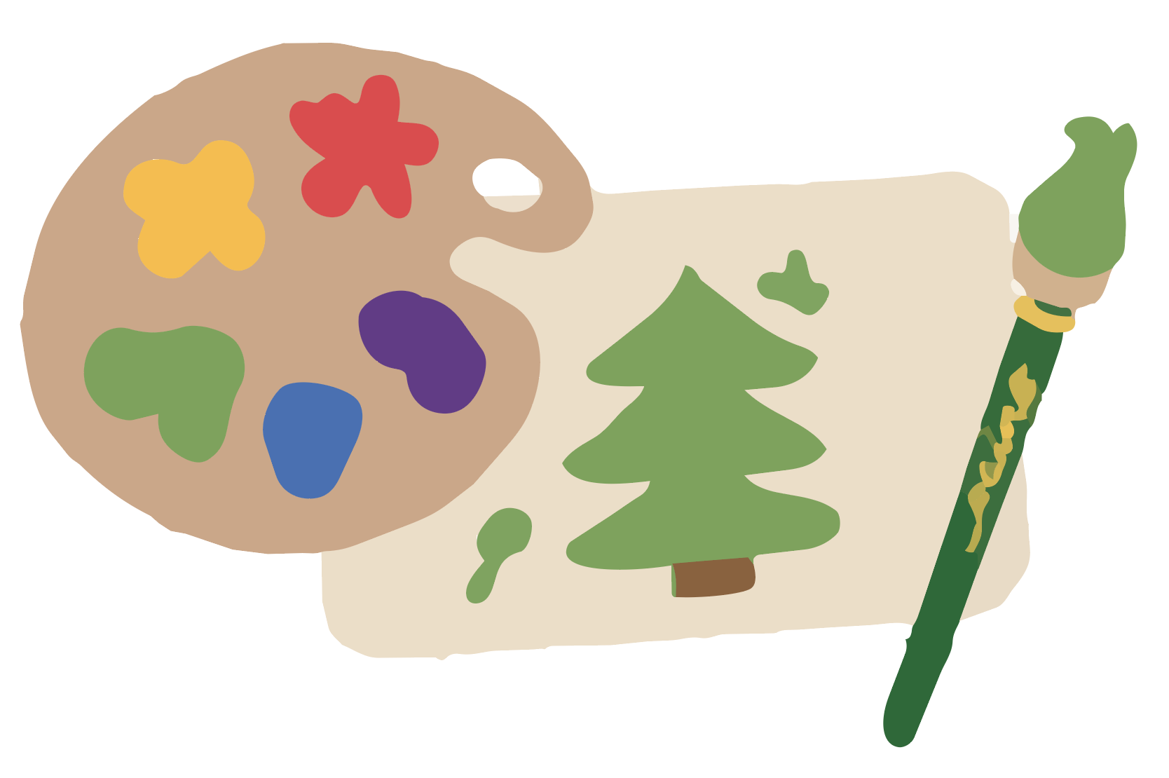 Paint palette, brush, and a mini canvas painted with a pine tree