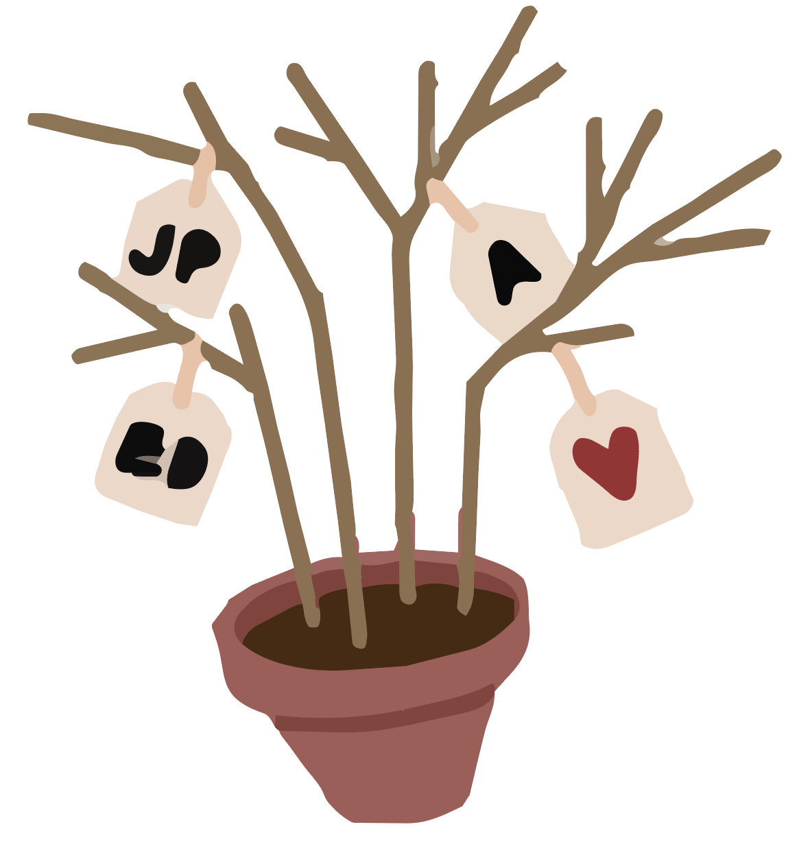 Potted twig tree hung with handwritten note tags