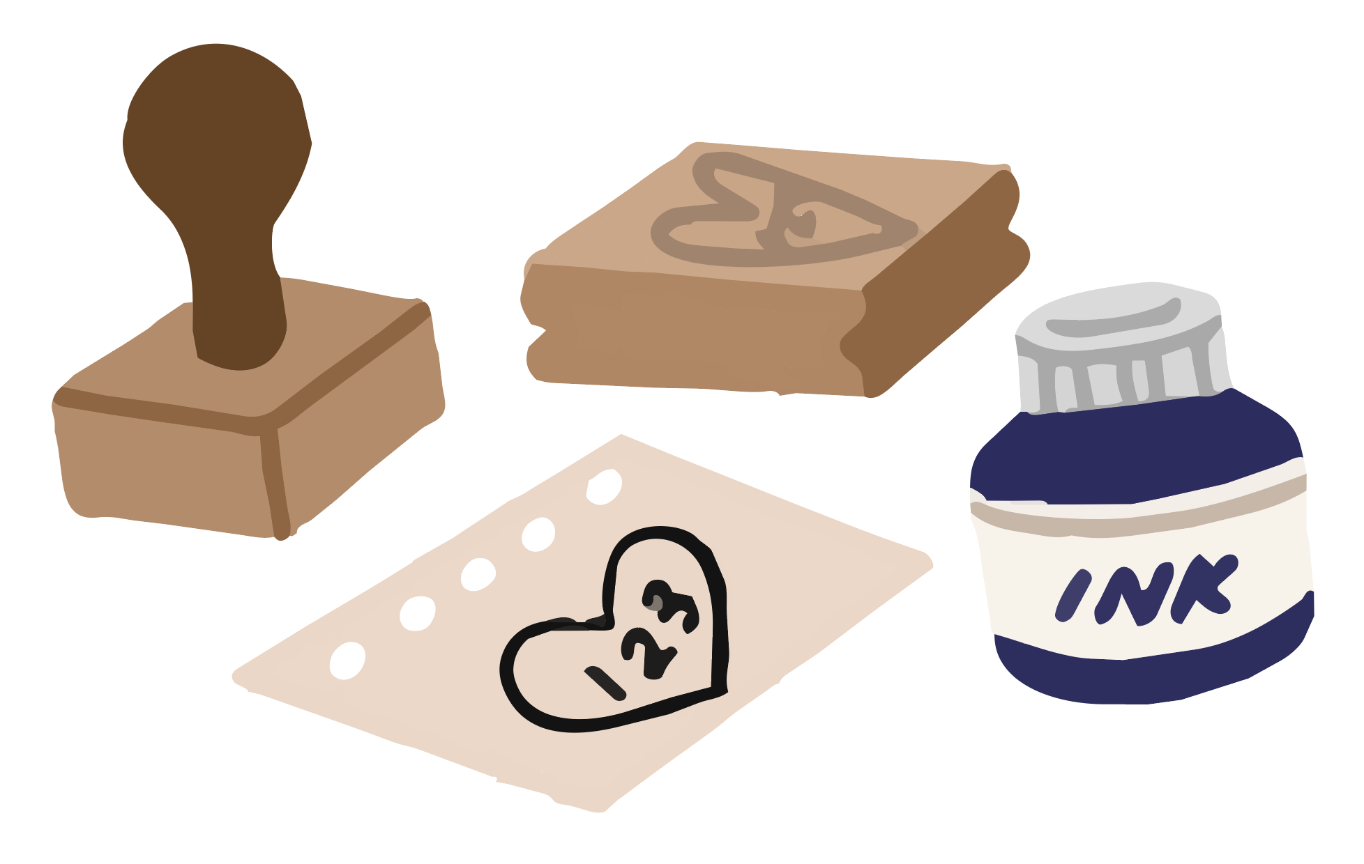 Rubber stamps, a stamped card, and a bottle of ink