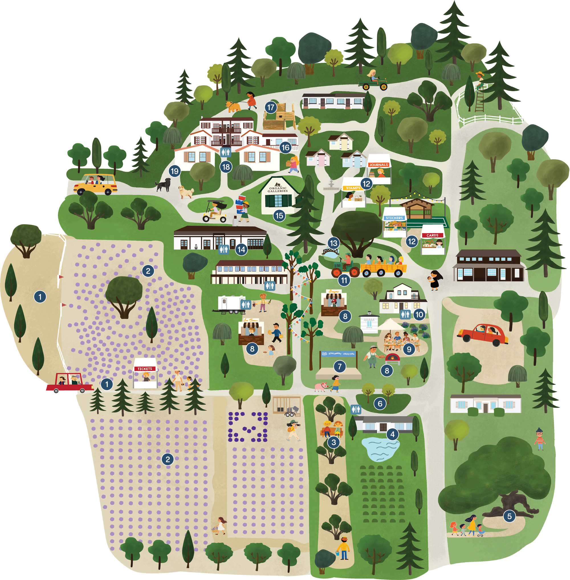 Illustrated map of 123 Farm at Highland Springs Ranch with 19 numbered festival locations