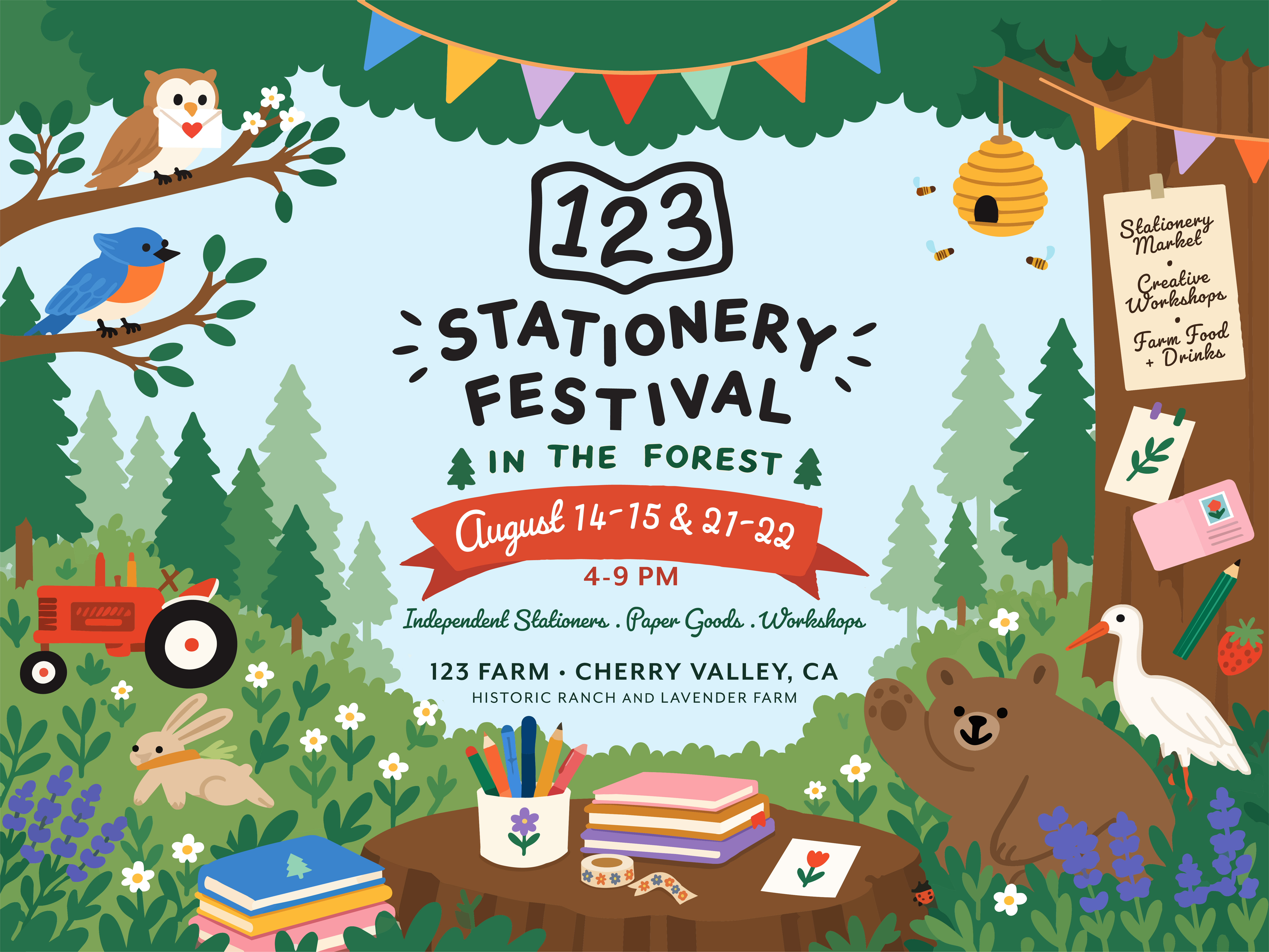 123 Stationery Festival in the Forest — August 14–15 & 21–22, 4–9 PM at 123 Farm, Cherry Valley CA