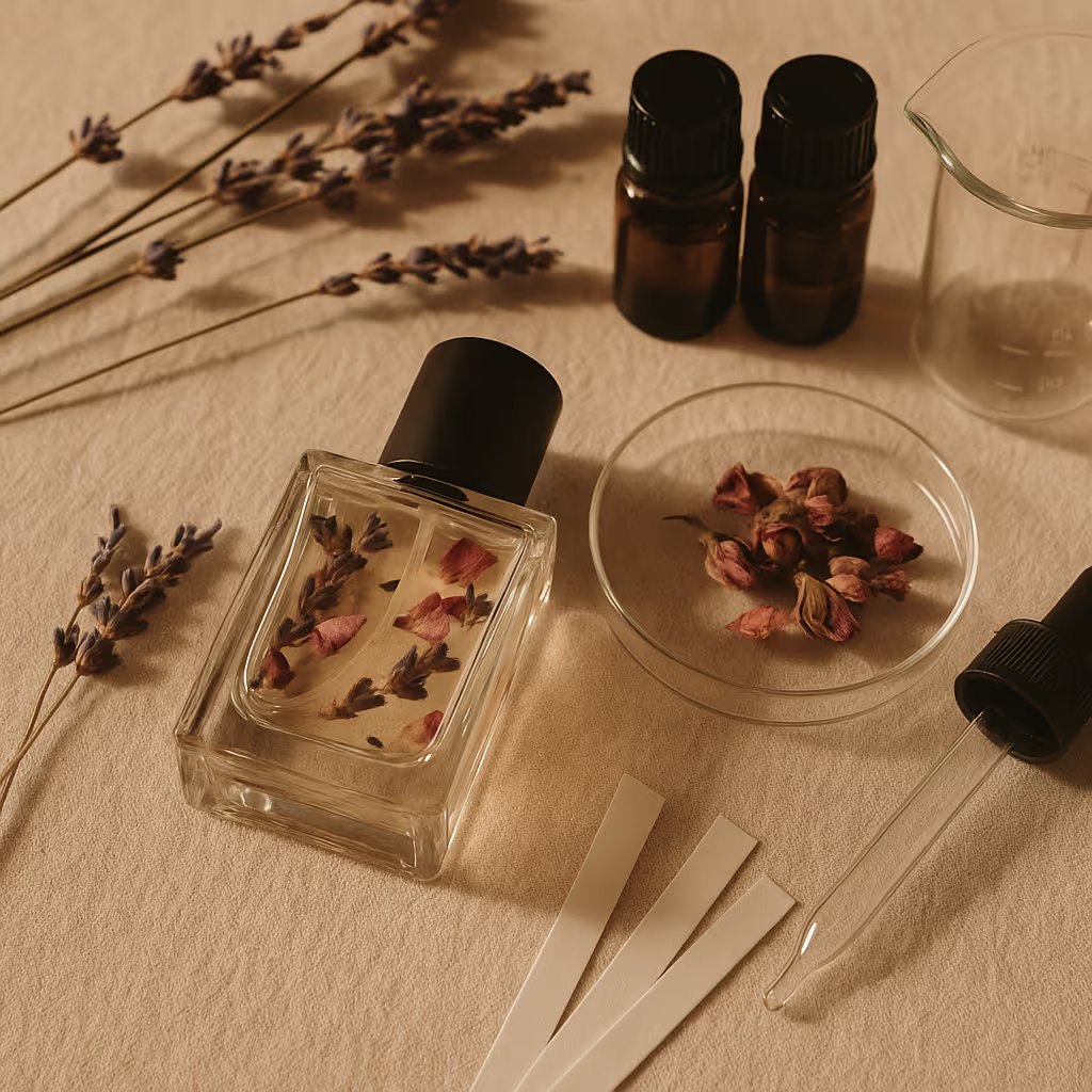 Perfume bottle with dried rosebuds, lavender and essential oils